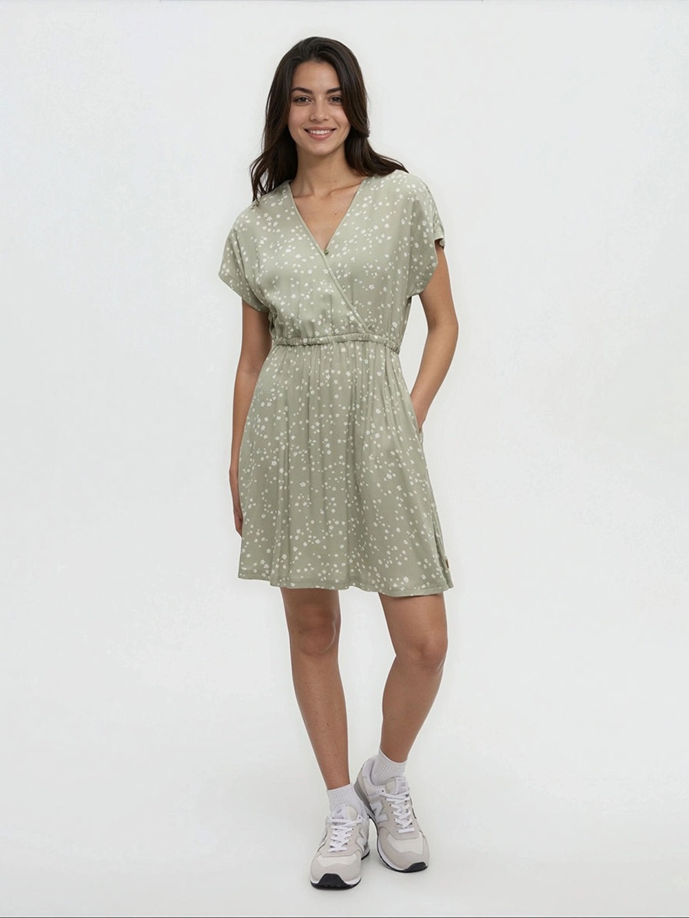 Tentree Kits Dress in Sage Green Floral V-Neck